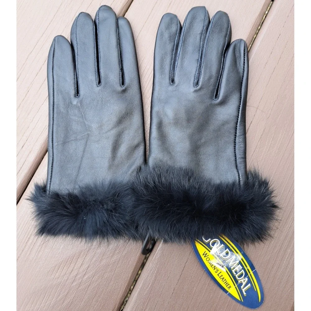 NWT Gold Medal Women's Leather Black Geniune Rabbit Fur Cuff Gloves Size L-XL